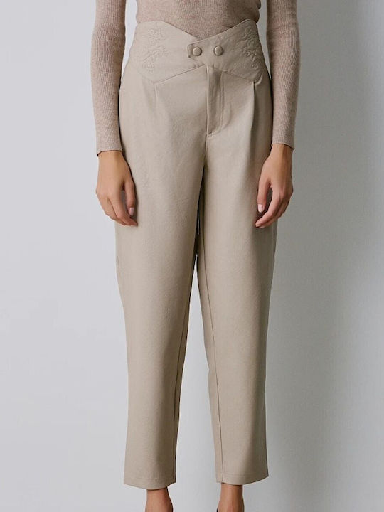 BSB Women's High-waisted Leather Trousers with Elastic in Regular Fit Grey/beige Beige