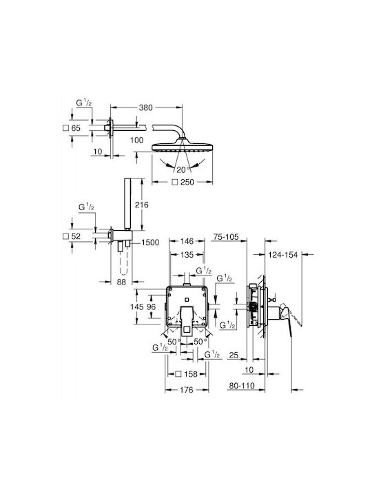 Grohe Grohtherm Tempesta 250 Cube Душ система Вграден смесител Вътрешно тяло Душ глава Ръчен душ Аксесоари