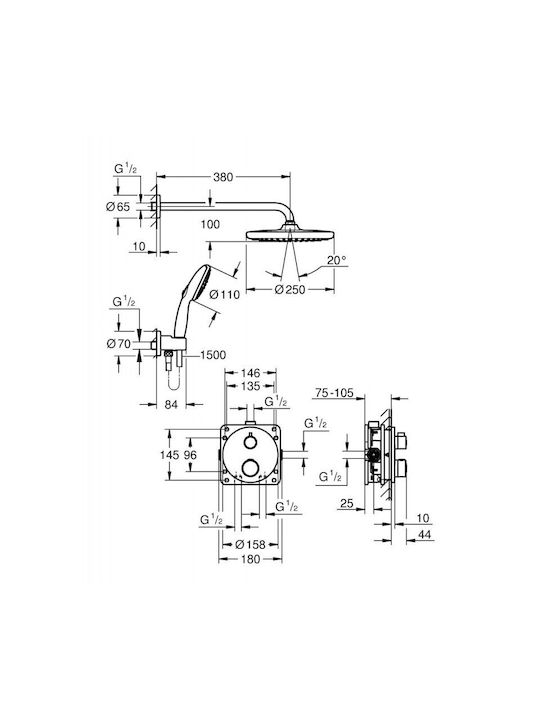 Grohe Grohtherm Tempesta 250 Duschsystem Eingebauter Thermostatmischer Innenkörper Duschkopf Handbrause Zubehör