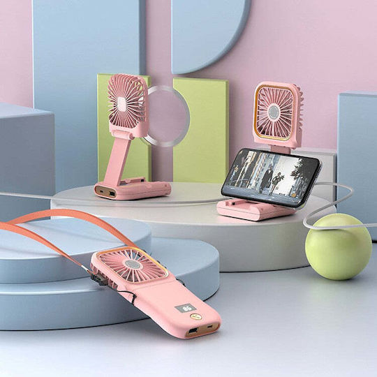 Portable Flippy Fan 3 In 1 Handheld Neck Desk 16.7 X 8 X 1.9 Cm 3 Speed Levels Usb Charging Foldable Digital Display Phone Holder Pink