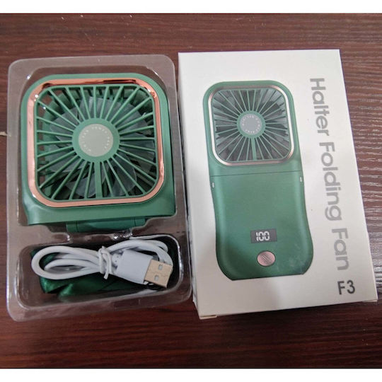 Portable Flippy Fan 3 In 1 Handheld Neck Desk 16.7 X 8 X 1.9 Cm 3 Speed Levels Usb Charging Foldable Digital Display Phone Holder Green
