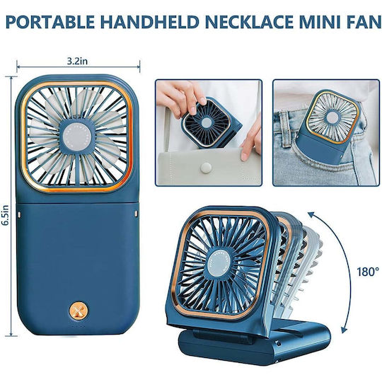 Portable Flippy Fan 3 In 1 Handheld Neck Desk 16.7 X 8 X 1.9 Cm 3 Speed Levels Usb Charging Foldable Digital Display Phone Holder Blue