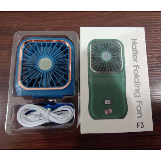 Portable Flippy Fan 3 In 1 Handheld Neck Desk 16.7 X 8 X 1.9 Cm 3 Speed Levels Usb Charging Foldable Digital Display Phone Holder Blue