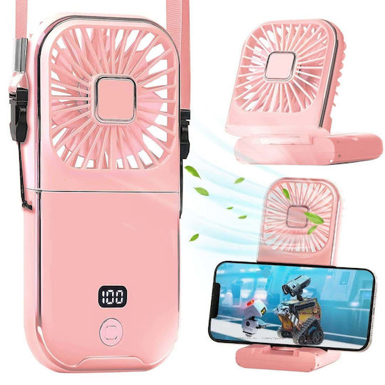 Portable Flippy Fan 3 In 1 Handheld Neck Desk 16.7 X 8 X 1.9 Cm 3 Speed Levels Usb Charging Foldable Digital Display Phone Holder Pink