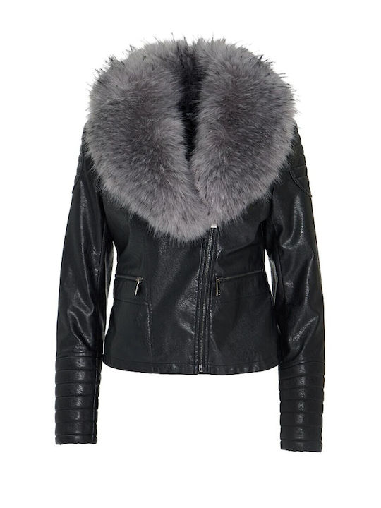 Γυναικείο Biker Jacket με Επένδυση Γούνας Μαύρο