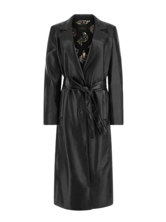 Guess Women's Leather Long Coat with Buttons Black