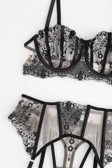 Decoro Set Sexy De Lenjerie Cu Transparență Și Jartiere Negre