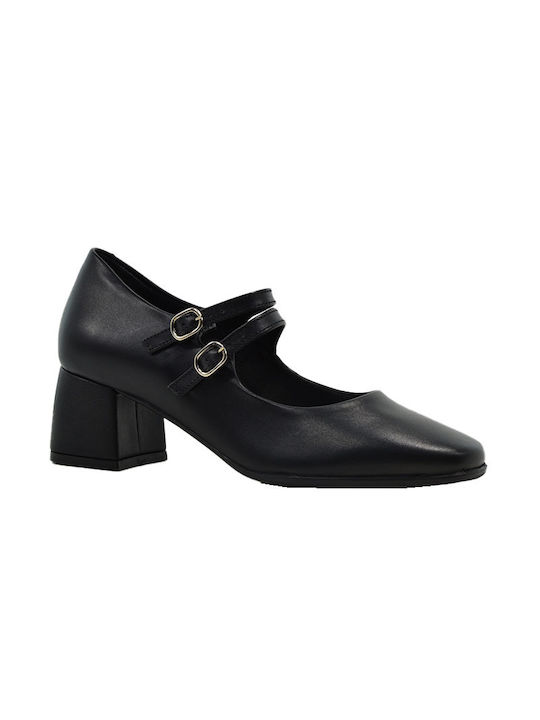 Ragazza Leather Black Medium Heels with Strap