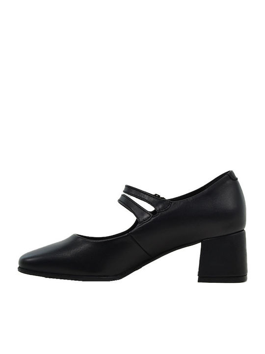 Leder Pumps mit Riemchen & mittelhoher Absatz Schwarz