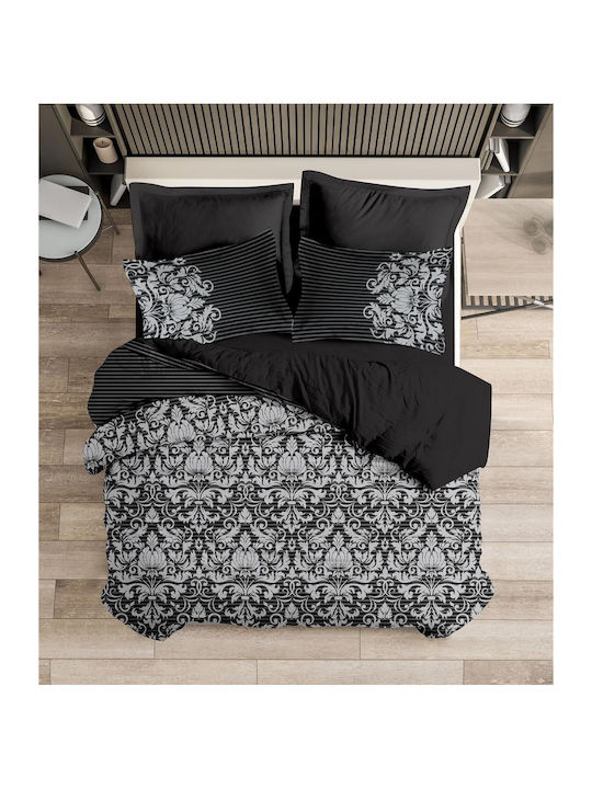 Makis Tselios Home Duvet Cover Set Cotton Satin Queen with 2 Pillowcases 220x240 Damask 12590 Black