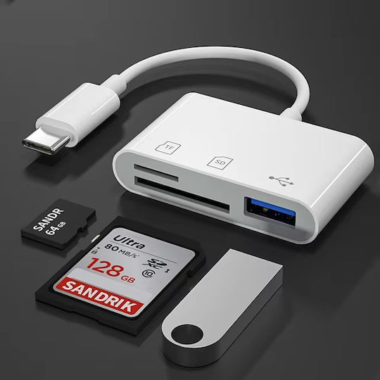 3 In 1 Type C To USB Card Reader Type-C for SD/microSD White