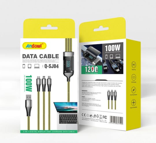 Andowl Καλώδιο Data 100w Usb-a Micro Type-c Lightning Q-sj04
