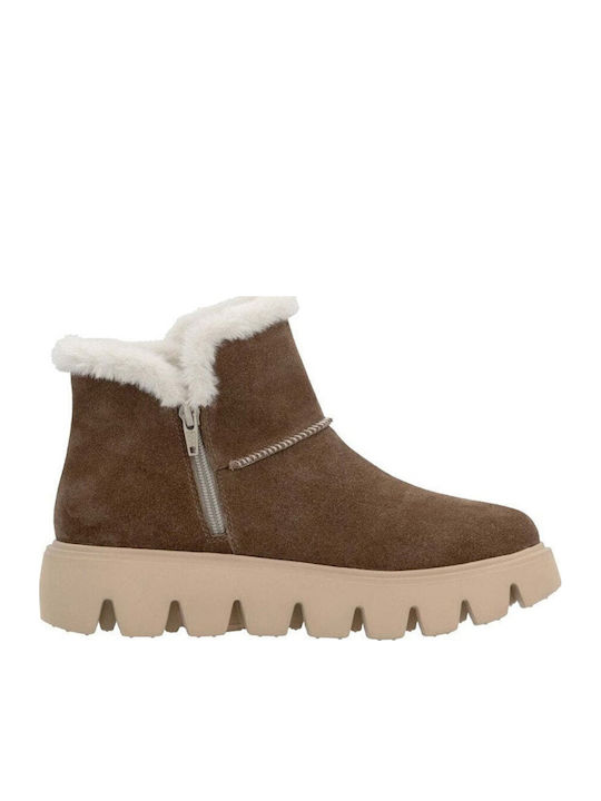 Leather Women's Ankle Boots with Fur Brown