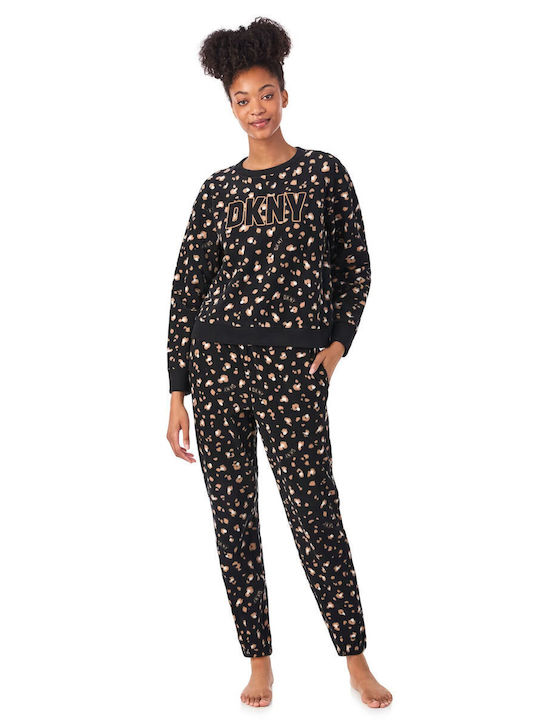 DKNY Winter Damen Pyjama-Set Vlies Schwarz