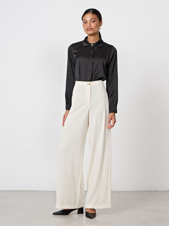 Women's High-waisted Fabric Trousers Ecru