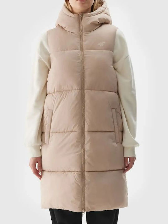 Women's Long Puffer Jacket for Winter with Hood Beige