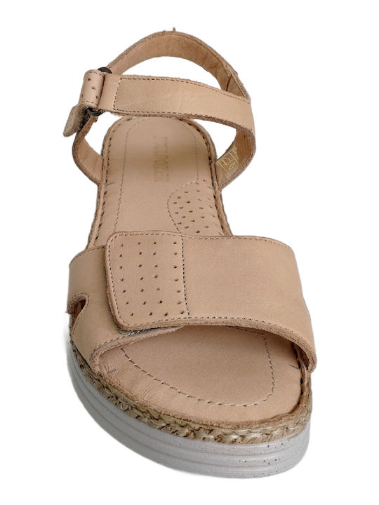 Antrin Leather Women's Flat Sandals Anatomic with Strap in Beige Color