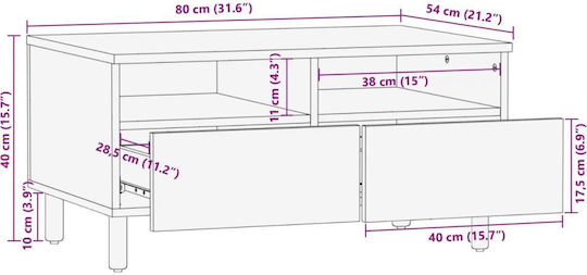 Rectangular Central Coffee Table Made of Solid Wood Black M80xW54xH40cm
