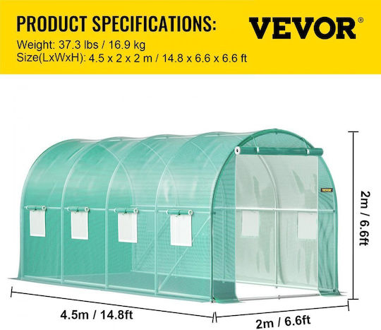 Vevor YDSDWSL1577FTL1FIV0 Greenhouse Tunnel with Metal Frame 4.5x2x2m