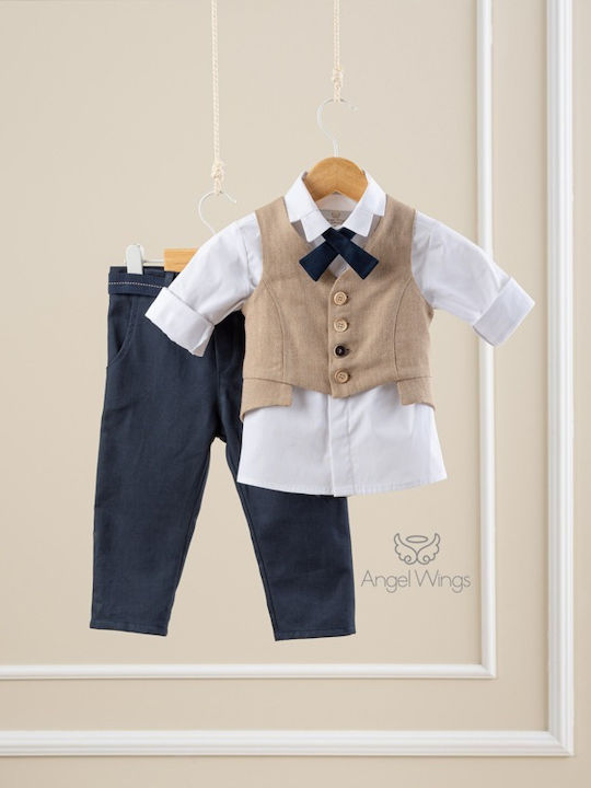 Angel Wings Boys Baptism Suit with Vest Edward Beige