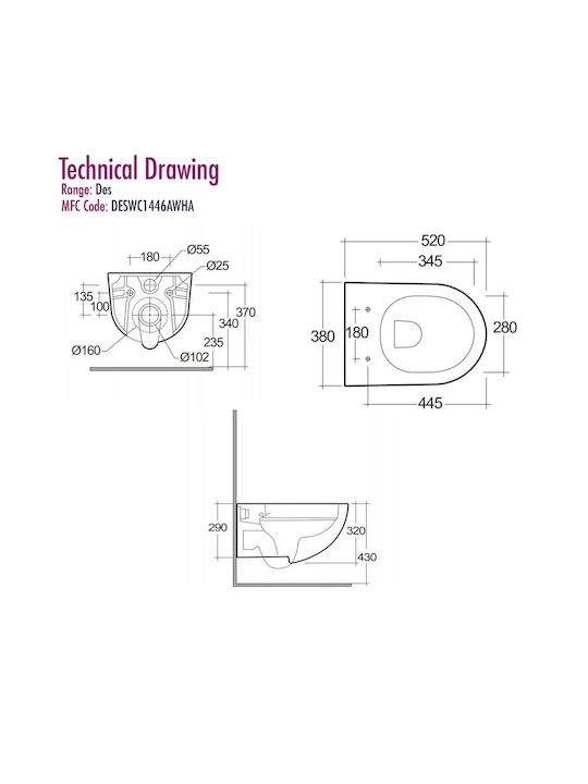 Rak Ceramics DESWC1446AWHA-DESSC3901WH Wall-Mounted Toilet Rimless with Flush with Cover Duroplast Soft Close White 5056176034429