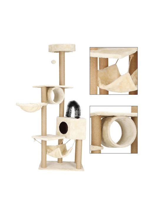 Ansamblu de Joacă pentru Pisici cu Stâlp de Scratching, Loc de Ascuns, Pat, Hamac, Minge 154cm Crem