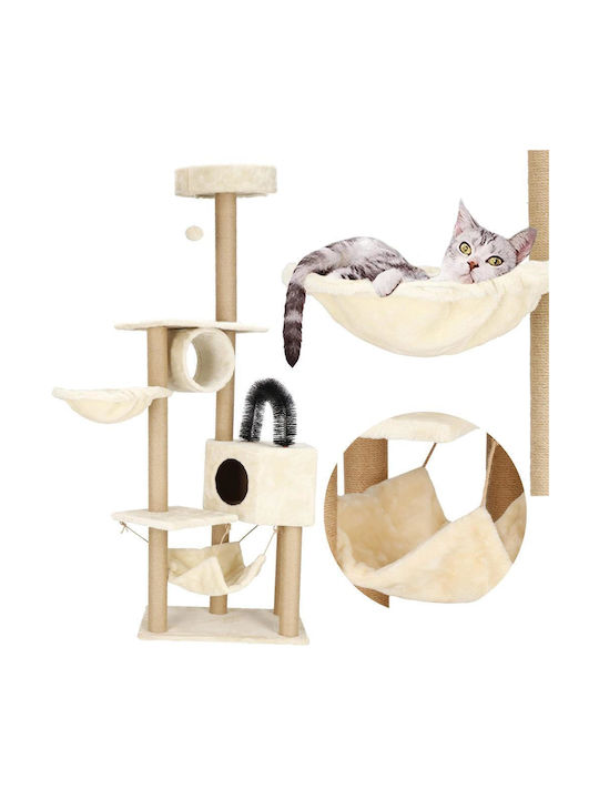 Ansamblu de Joacă pentru Pisici cu Stâlp de Scratching, Loc de Ascuns, Pat, Hamac, Minge 154cm Crem