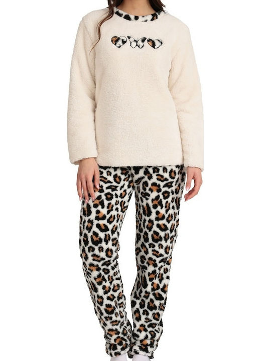 Lydia Creations Χειμερινό Γυναικείο Σετ Πιτζάμας Fleece Εκρου