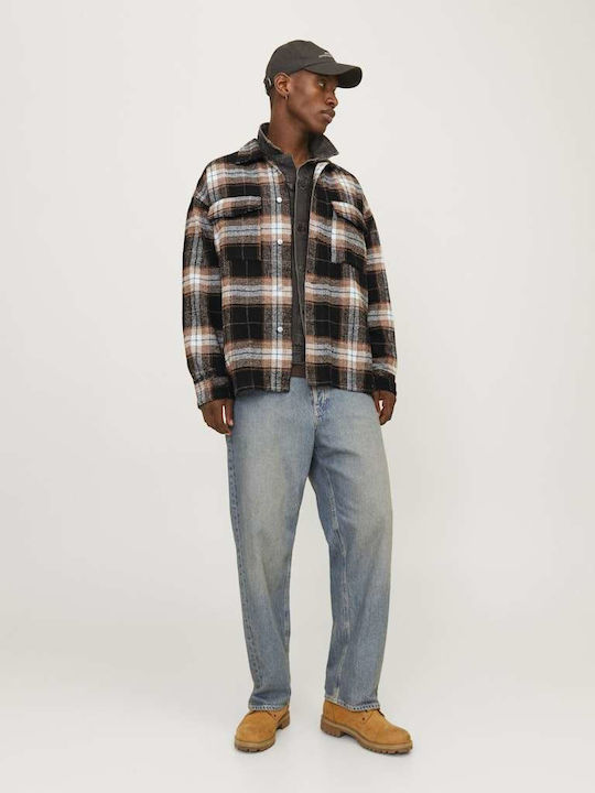 Overshirt Flanelă Mânecă Lungă Carou Negru Regular Fit