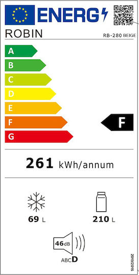 Robin Retro Ψυγείο Δίπορτο 278lt Total NoFrost Υ157xΠ60xΒ70εκ. Μπεζ RB-280