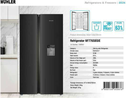 Muhler Side-by-Side Kühlschrank 531Es NoFrost H176.8xB92xT73.5cm. Schwarz NF776SBSIE