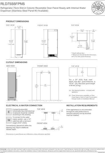 Bertazzoni Eingebauter Kühlschrank für Lagerung 470Es NoFrost H212.3xB75.6xT59.2cm. Weiß RLD75 S5F PNS