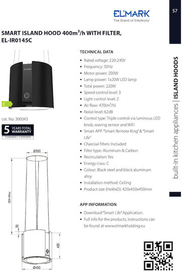 Elmark Απορροφητήρας Νησίδα 45cm Μαύρος με Wi-Fi