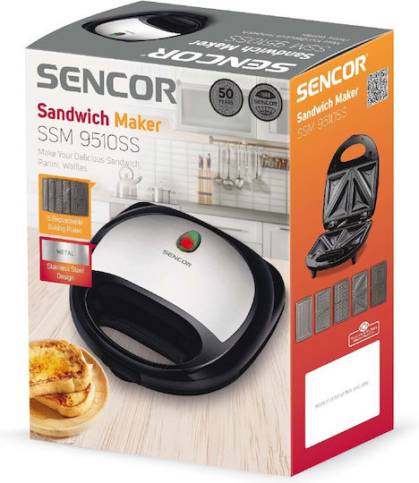 Sencor Sandwich Maker with Removable Plates for for 2 Sandwiches Sandwiches 700W Inox