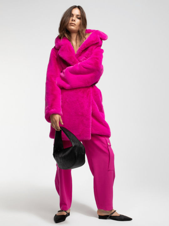 Damen Fuchsia Mantel mit Fellbesatz