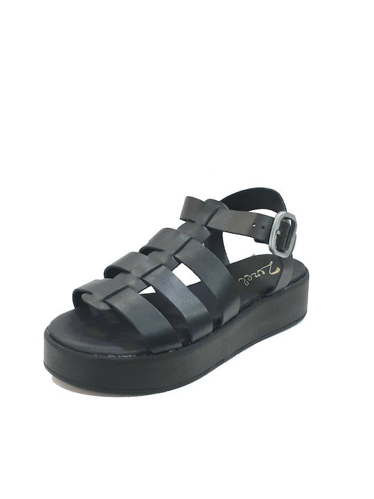 Zizel Leather Women's Flat Sandals Anatomic Flatforms in Black Color