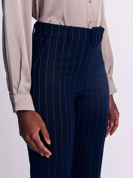 Forel Women's Fabric Trousers in Straight Line Striped Blue