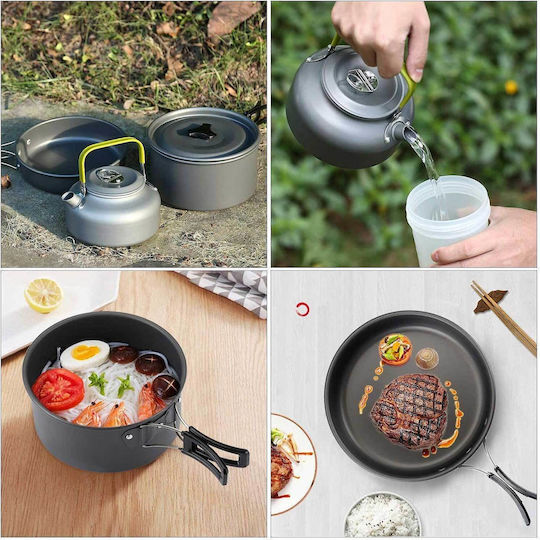 Queta 5124620 Camping Cookware Set 10 Pieces Portable Tableware Set Aluminum No Bra Cooking Outdoor Set FDA Certification Consisting of Pot Pan Kettle Various Cooking Accessories Ideal for Travel Camping Caravans