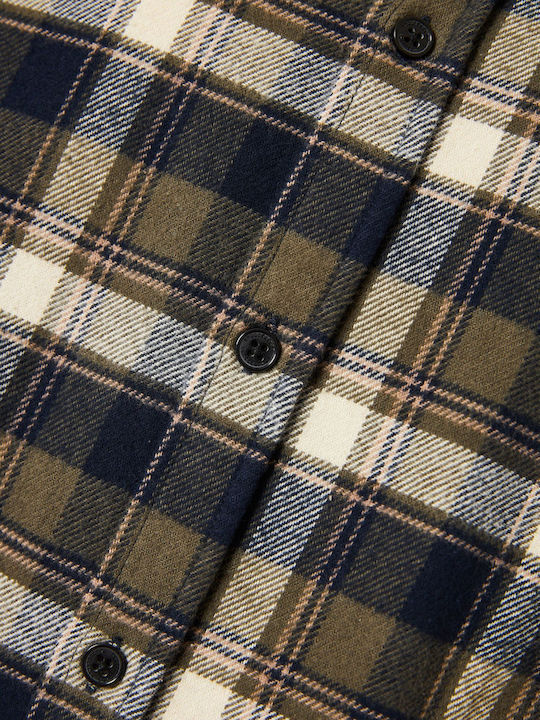 Long Sleeve Flannel Overshirt Regular Fit Checked Khaki