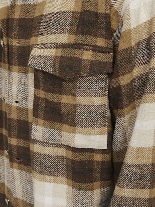 Дълъг Ръкав Фланелена Overshirt с Прекалено Голяма Линия Каре Кафяв