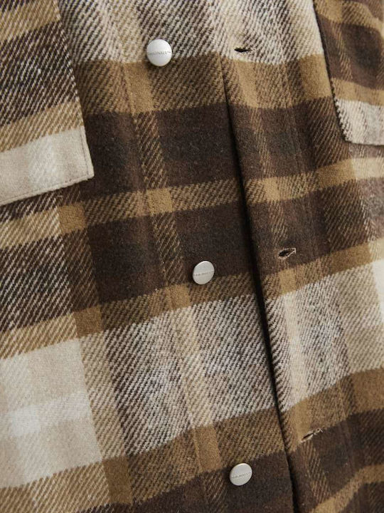 Дълъг Ръкав Фланелена Overshirt с Прекалено Голяма Линия Каре Кафяв