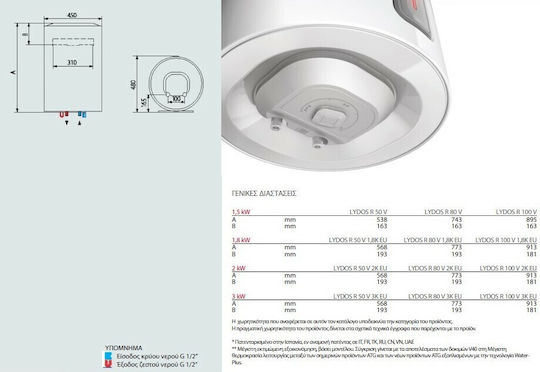 Ariston Lydos R Θερμοσίφωνας 50lt Glass Κάθετος 3kW