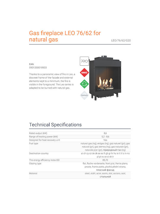 Kratki Leo 76 62 G31 37 MBAR Kaminofen Gas Warmluft 5.1kW Gerade mit fester Tür