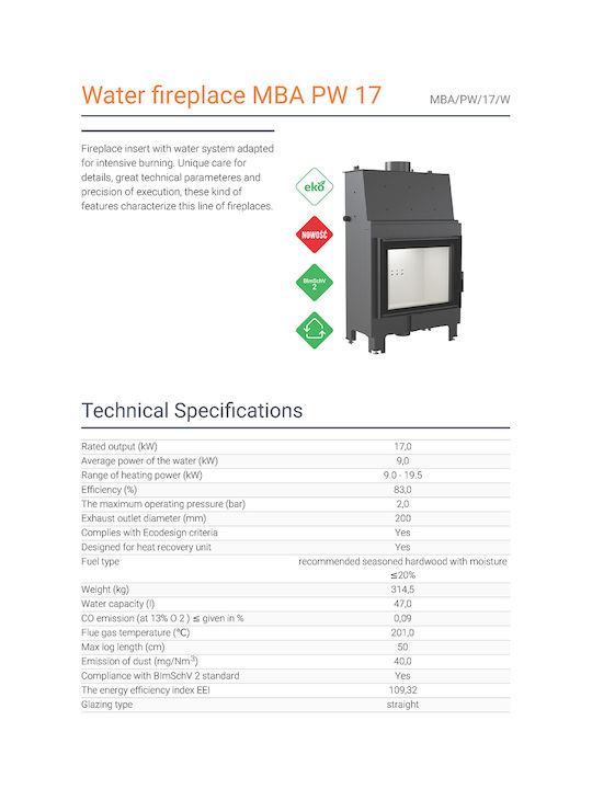 Kratki MBA PW 17 W Ενεργειακό Τζάκι Ξύλου Καλοριφέρ 17kW Ίσιο με Ανοιγόμενη Πόρτα Κλειστού Δοχείου