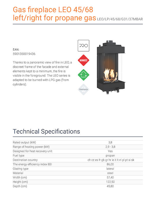 Kratki Leo LP 45 68 G31 37 MBAR Ενεργειακό Τζάκι Αερίου 3.8kW Τρίπλευρο με Σταθερή Πόρτα
