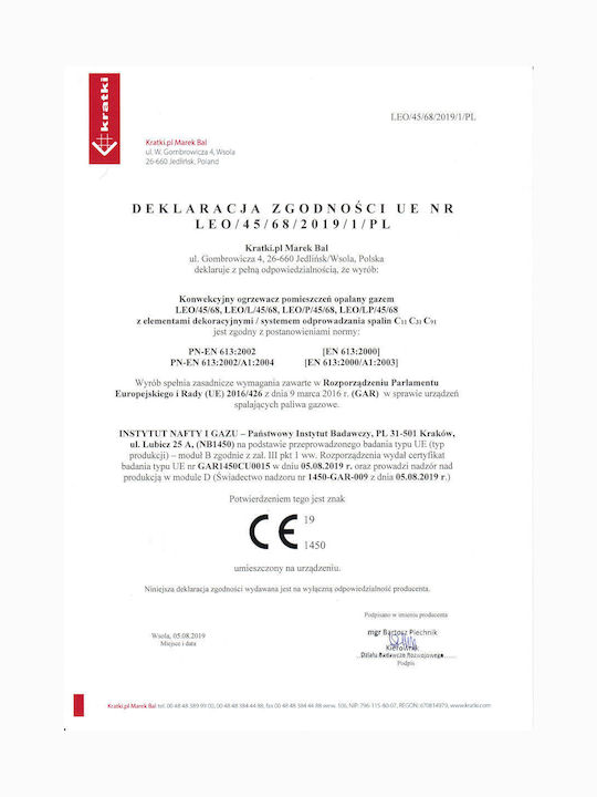 Kratki Leo L 45 68 G31 37 MBAR Șemineu cu inserție Gaz 3.8kW Drept cu ușă fixă