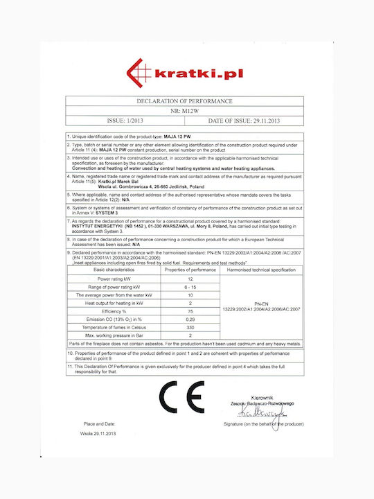 Kratki Maja PW BL 12 BS W DECO Șemineu cu inserție Lemn 8kW Colțul stâng cu o ușă care se deschide Rezervor de expansiune închis