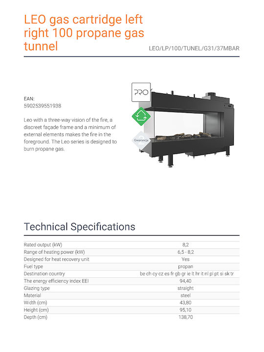 Kratki Leo LP 100 Tunel G31 37 MBAR Ενεργειακό Τζάκι Αερίου 8.2kW Τρίπλευρο με Σταθερή Πόρτα