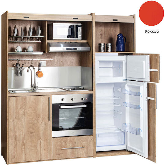 Silver ΚΣ190 Kitchenette with Right Sink Bowl 190x65x204cm Red με Μεγάλο Ψυγείο & Φούρνο