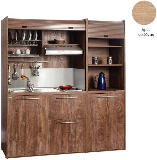 Silver KS190 KS190-FOU-STEJAR-ORIZONTĂ Bucătărie Mică cu Chiuvetă Dreapta 190x65x209cm Stejar Orizontală cu Frigider Mic